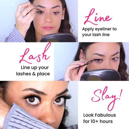 How to apply magnetic lashes in three steps — apply liner, press lashes into place, and you're ready in under 60 seconds