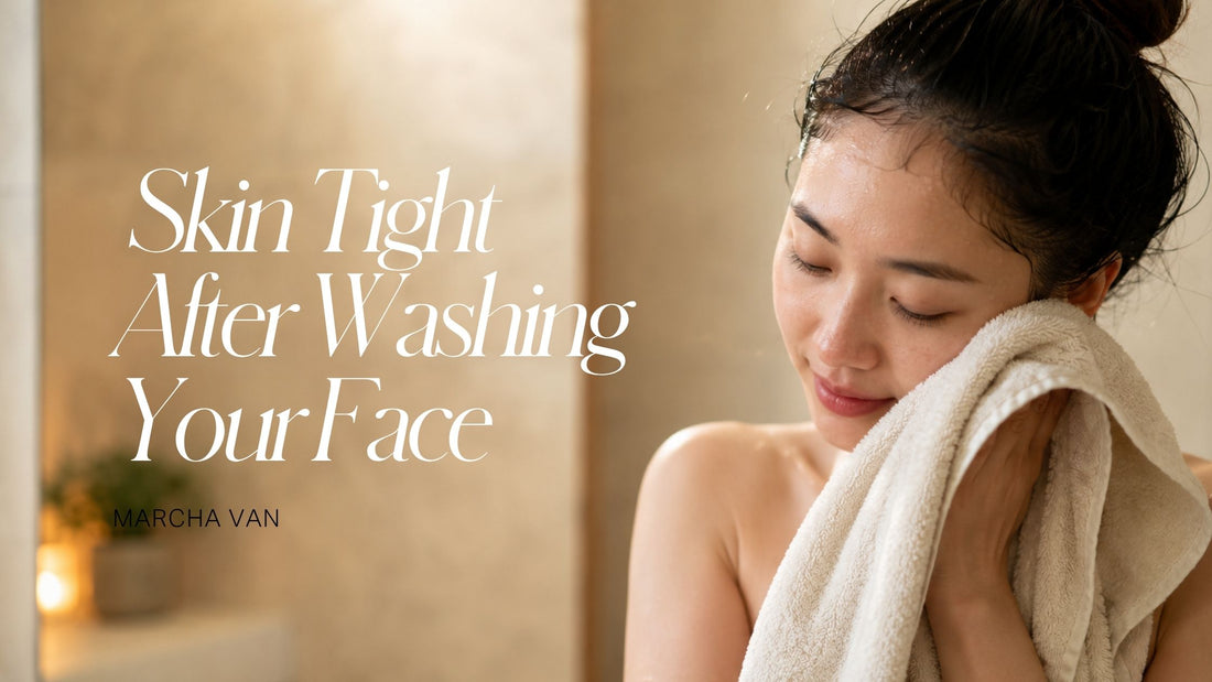 Woman drying her face with a towel after cleansing — why skin feels tight after washing explained