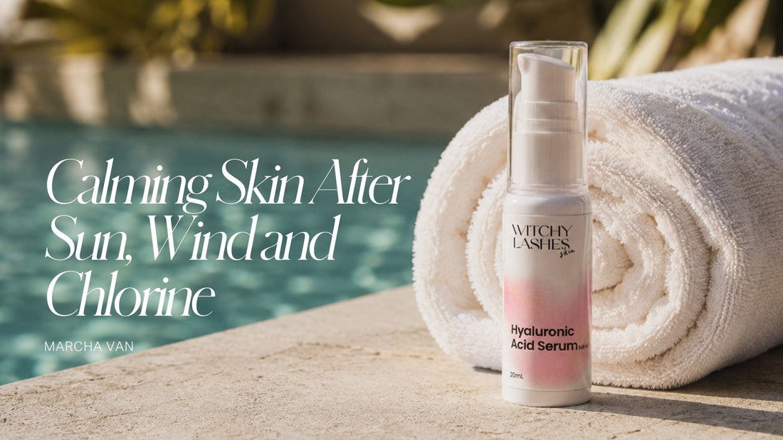 Witchy Lashes Skin Hyaluronic Acid Serum bottle beside a rolled white towel at the edge of a swimming pool