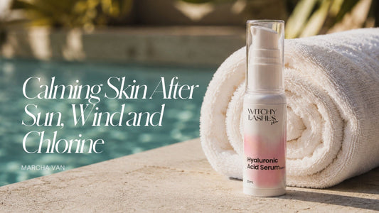 Witchy Lashes Skin Hyaluronic Acid Serum bottle beside a rolled white towel at the edge of a swimming pool
