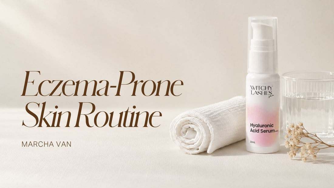 Witchy Lashes Skin Hyaluronic Acid Serum bottle beside a rolled white muslin cloth and dried flowers on white linen