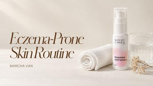 Witchy Lashes Skin Hyaluronic Acid Serum bottle beside a rolled white muslin cloth and dried flowers on white linen