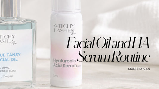 Witchy Lashes Skin Blue Tansy Facial Oil and Hyaluronic Acid Serum bottles side by side on a soft white background
