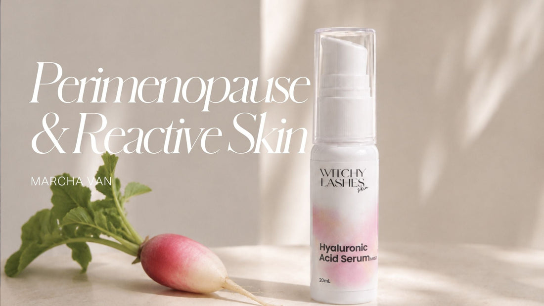 Witchy Lashes Skin Hyaluronic Acid Serum bottle on a pale stone surface next to a fresh radish