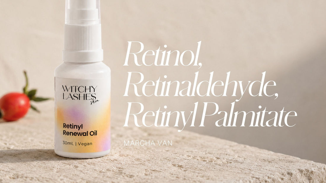 Witchy Lashes Skin Retinyl Renewal Oil bottle on a textured sandy stone surface beside a ripe rosehip berry