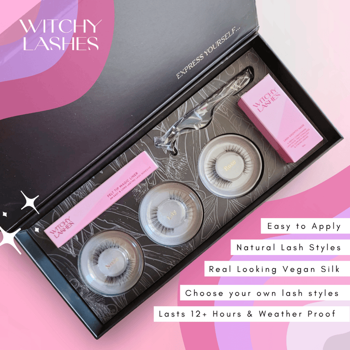 Natural Lash Kit box set with three lash styles, liner pen, applicator tool and conditioning serum