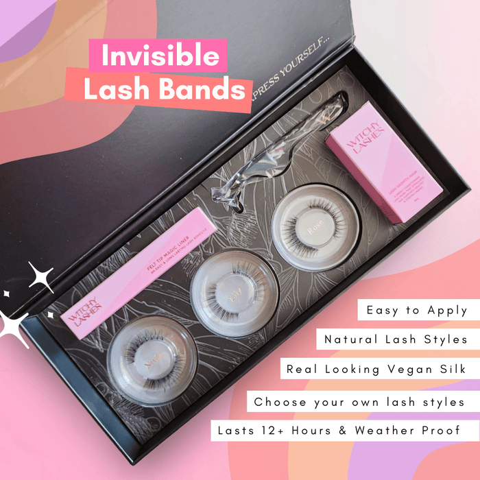 Invisible Lash Box Set with three clear band lash styles, Magic Liner pen and applicator