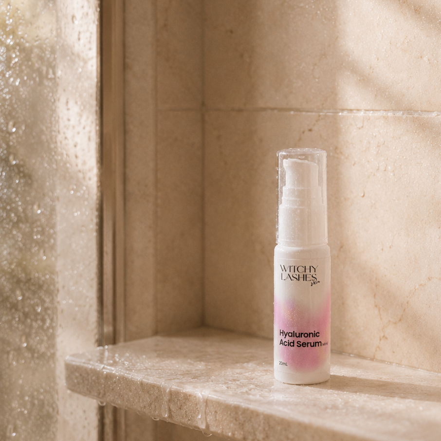 Witchy Lashes hyalauronic acid serumin shower with sunlight casting shadows