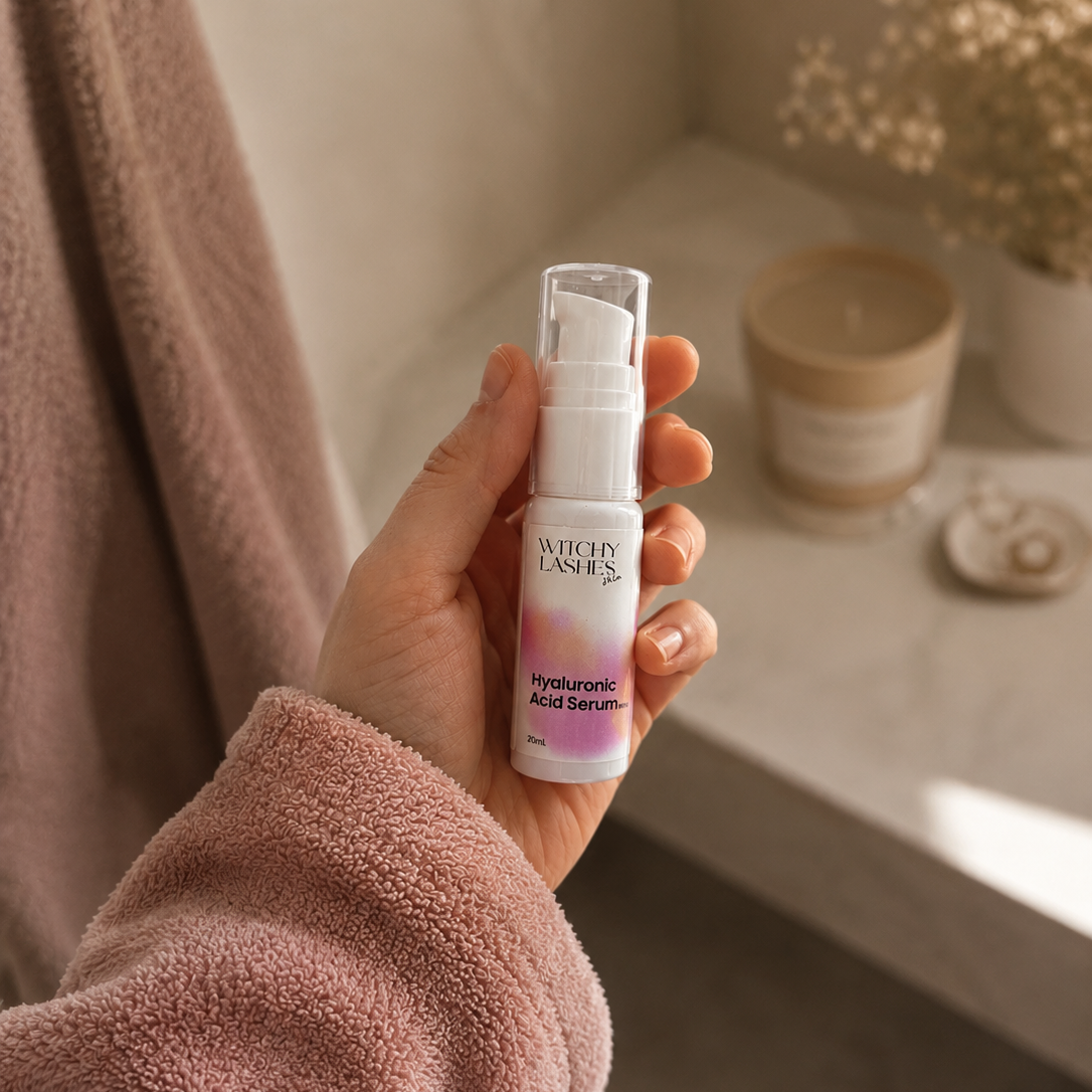 Hand holding a hyaluronic acid serum product with a blurred background