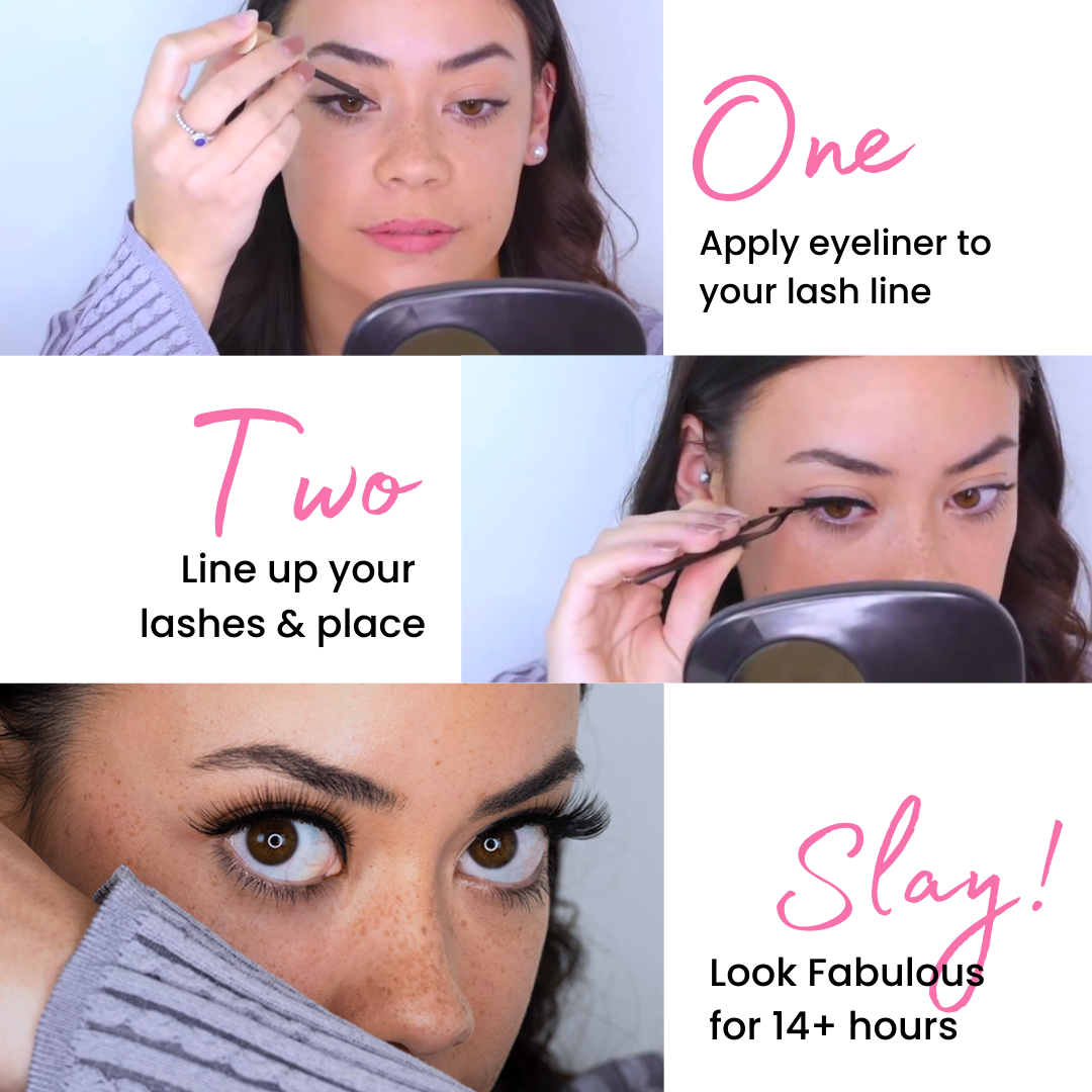 Apply your Australian Magnetic Lashes as easy as 1, 2, 3. You'll have your Magnetic Lashes applied in less than 3 minutes, and these Magnetic Eyelashes last all day. They are waterproof, weatherproof and long lasting. 