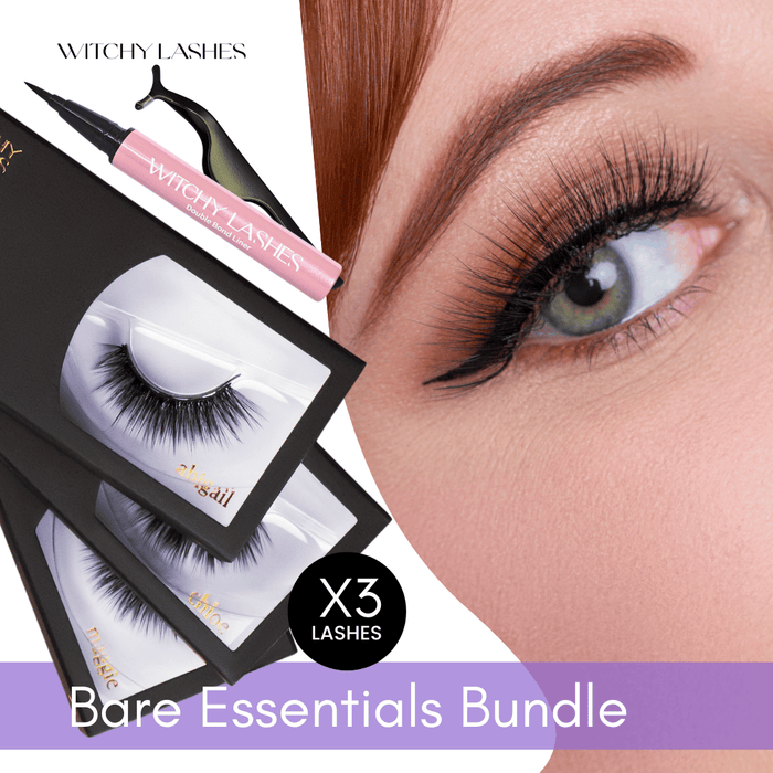 Bare Essentials set with three natural magnetic eyelash styles, liner and applicator tool